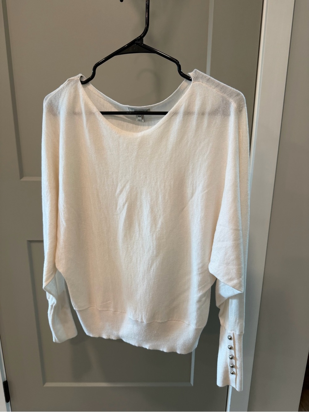 RW&CO. White Crewneck Sweater with Cuff Button Detail